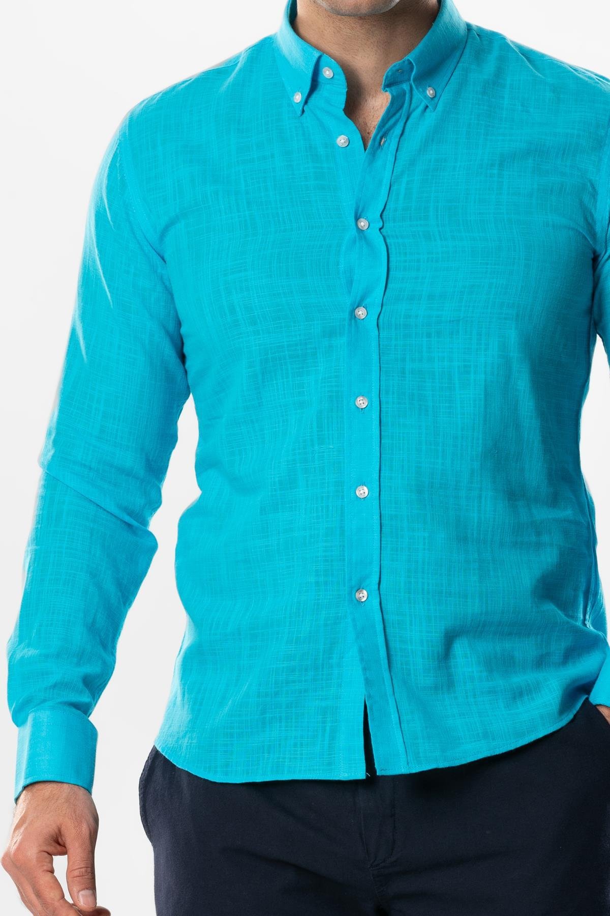 Ada Şile Bezi Uzun Kol Yazlık Gömlek Turkuaz 3054