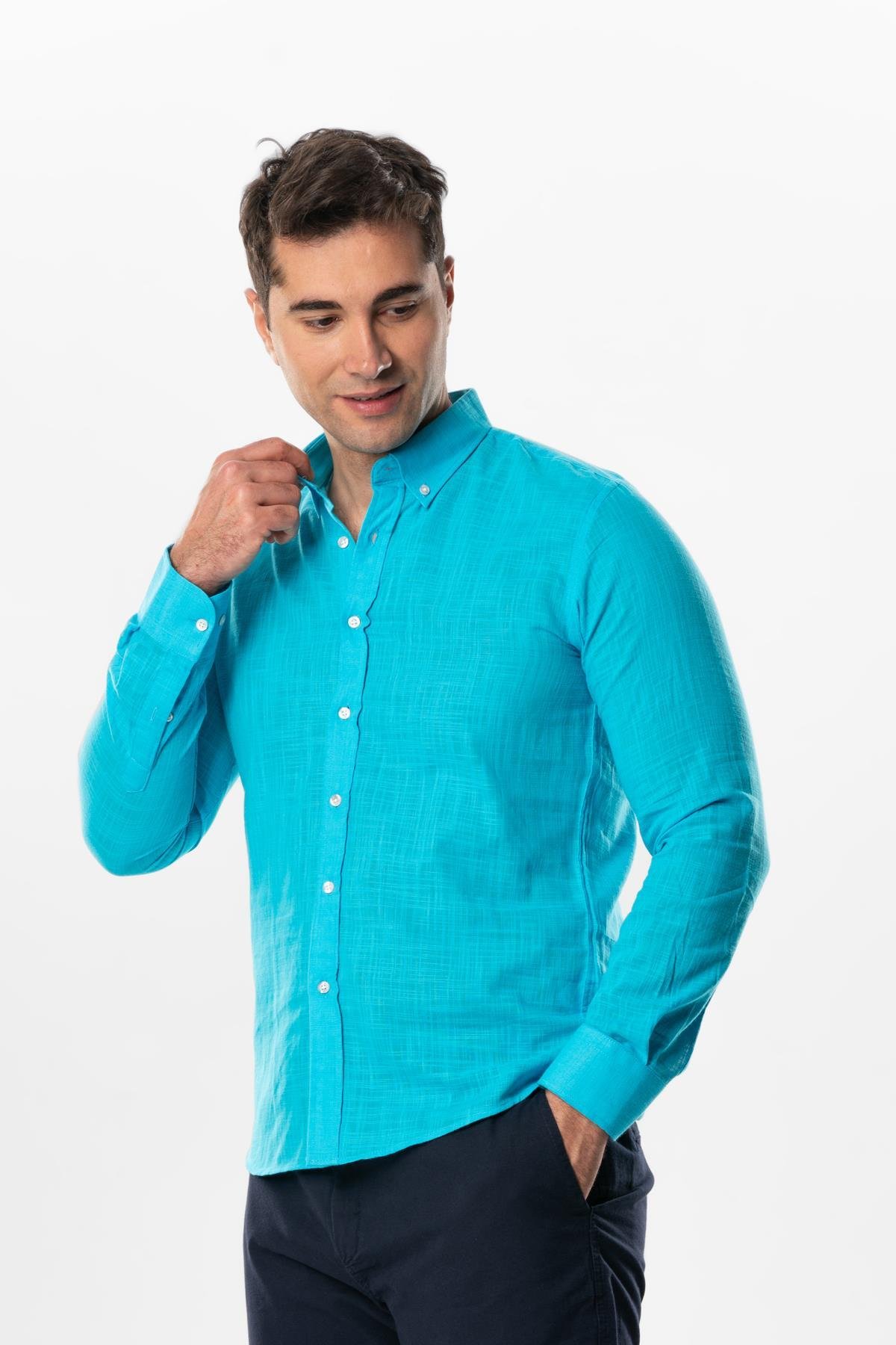 Ada Şile Bezi Uzun Kol Yazlık Gömlek Turkuaz 3054