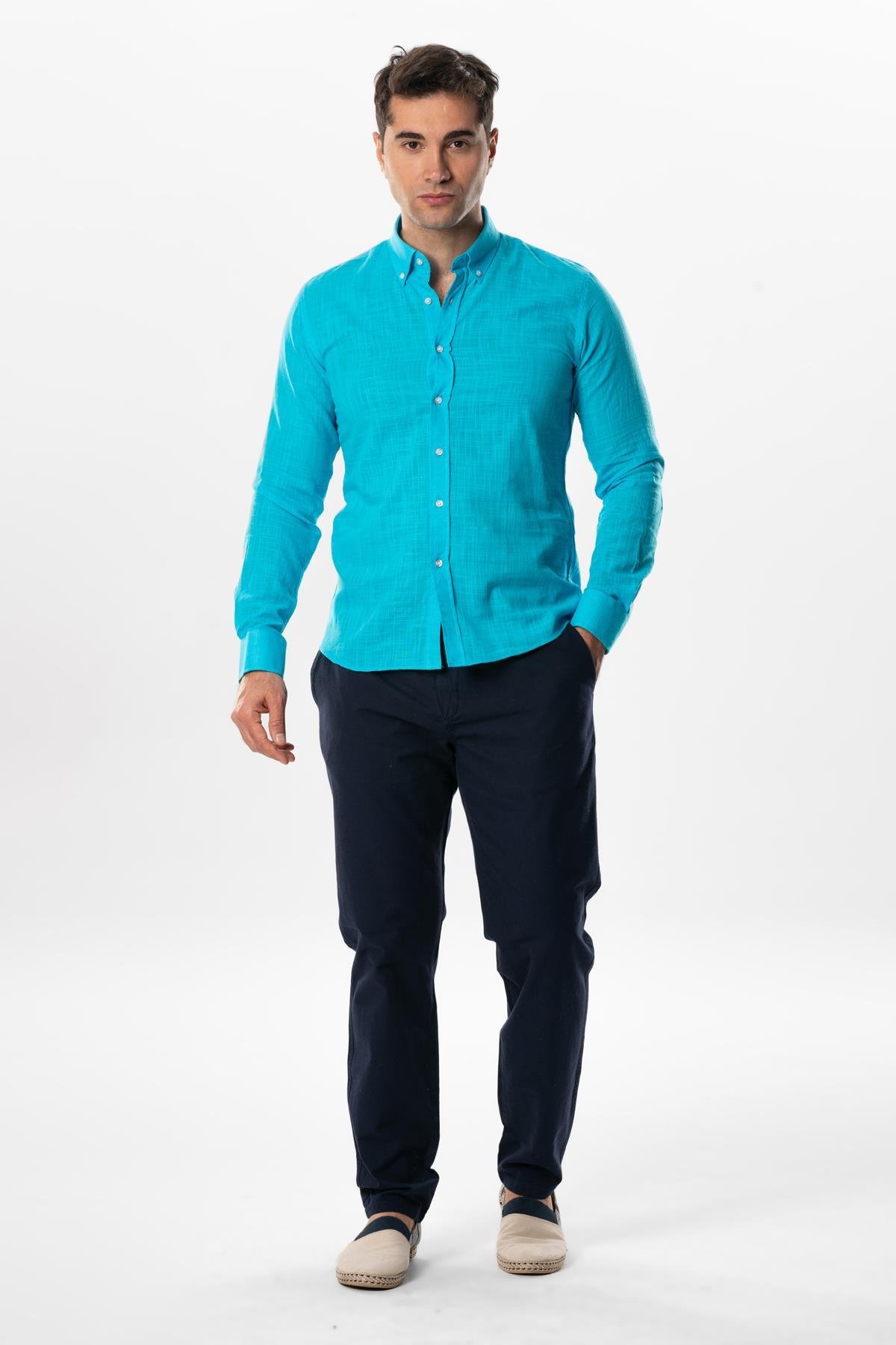 Ada Şile Bezi Uzun Kol Yazlık Gömlek Turkuaz 3054