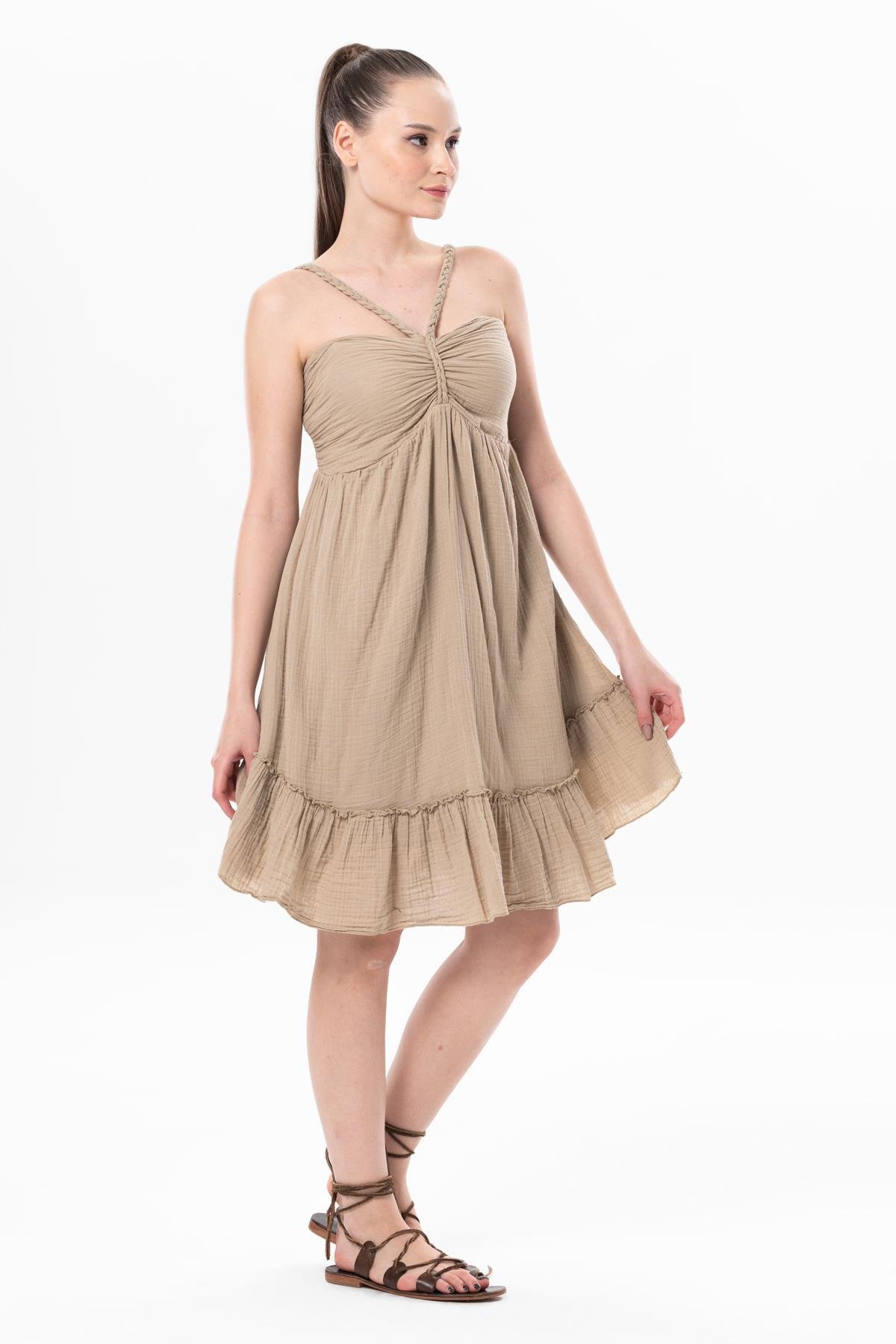 Alanya Boyundan Bağlamalı Kısa Yazlık Müslin Elbise Vizon Vzn