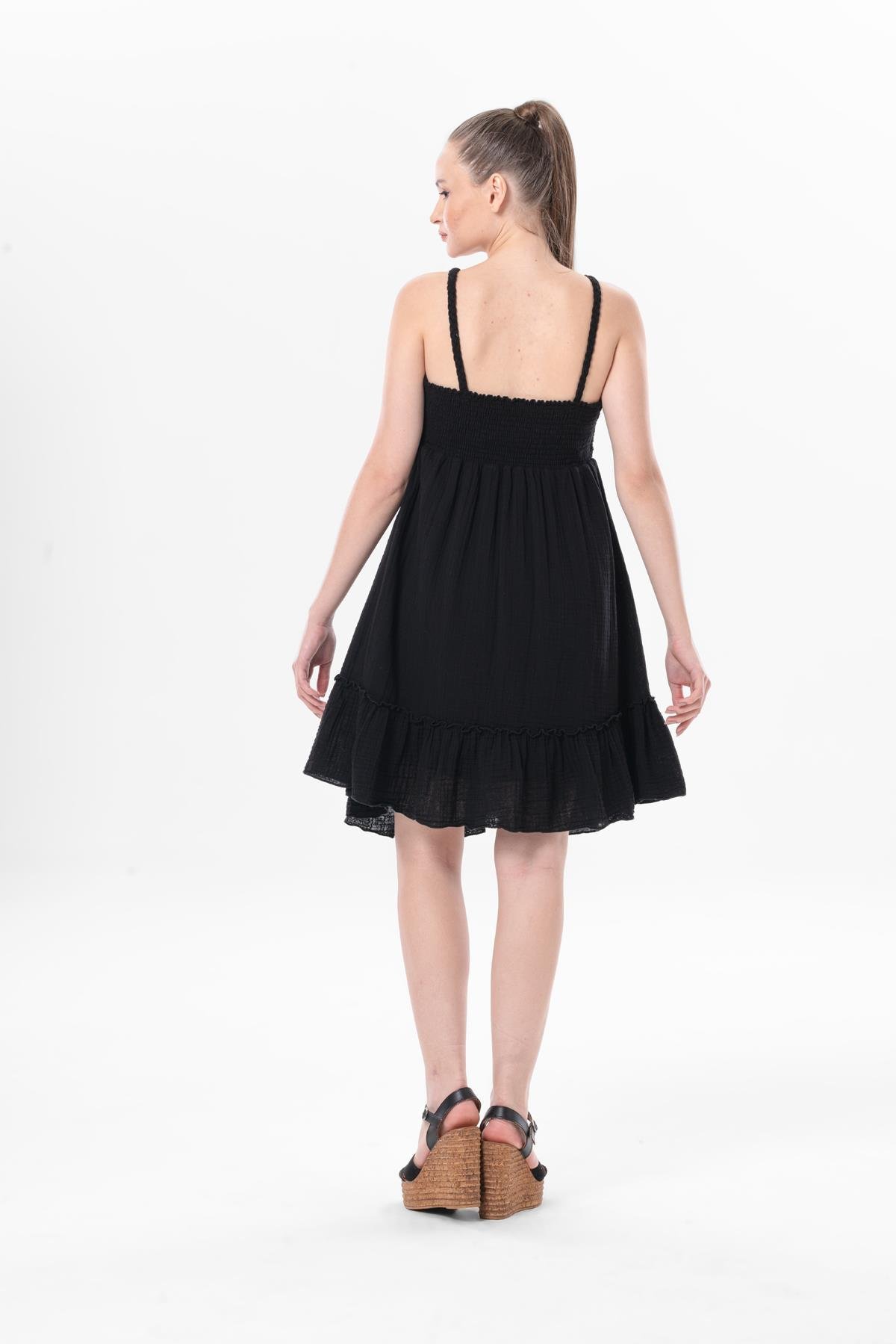 Alanya Boyundan Bağlamalı Kısa Yazlık Müslin Elbise Siyah Syh