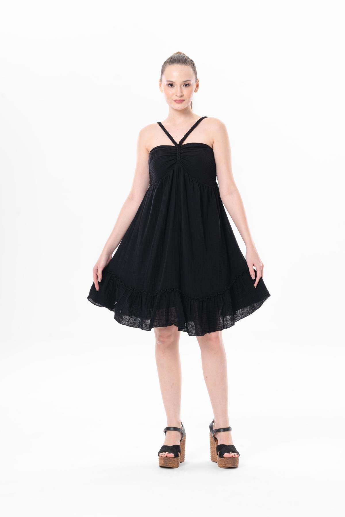 Alanya Boyundan Bağlamalı Kısa Yazlık Müslin Elbise Siyah Syh