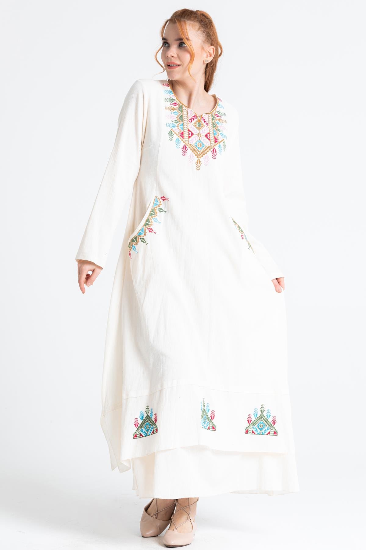 Antik Uzun Kol Elbise Krem Krm