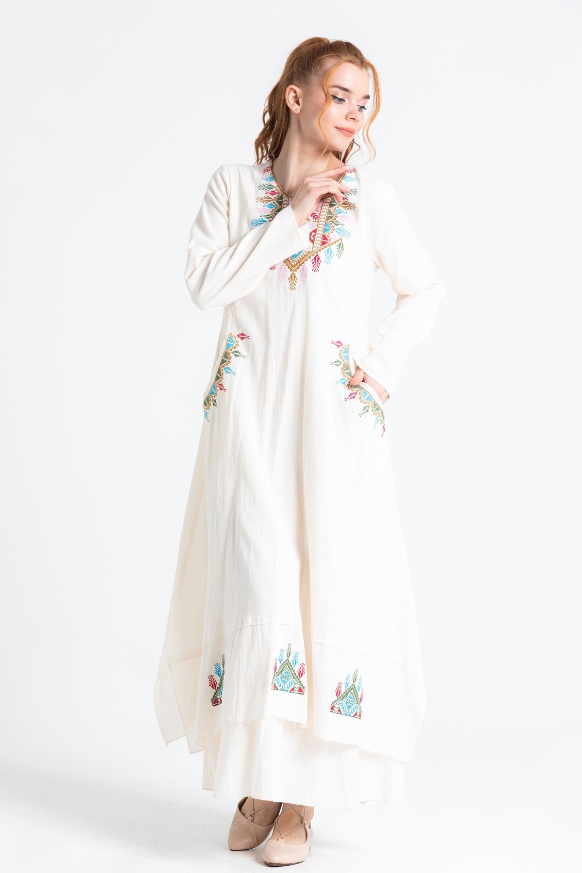 Antik Uzun Kol Elbise Krem Krm