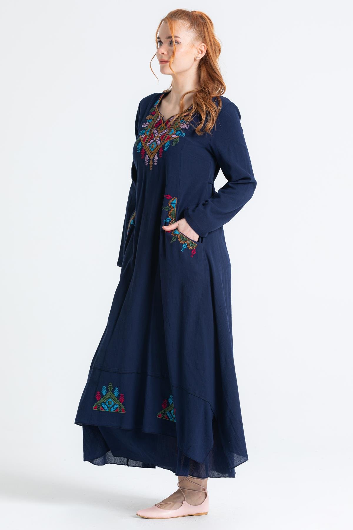 Antik Uzun Kol Elbise Lacivert Lcvt