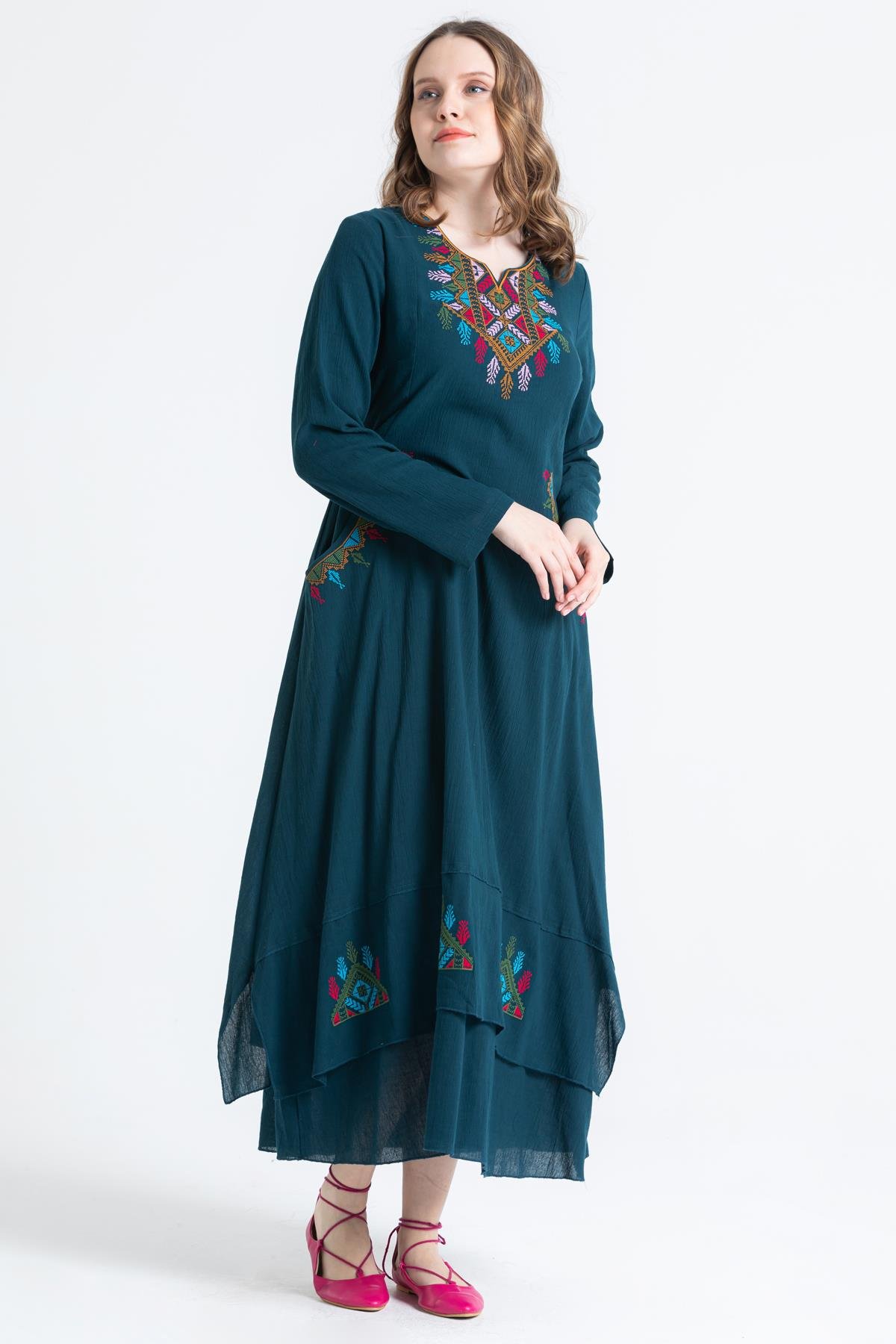 Antik Uzun Kol Elbise Petrol Ptrl