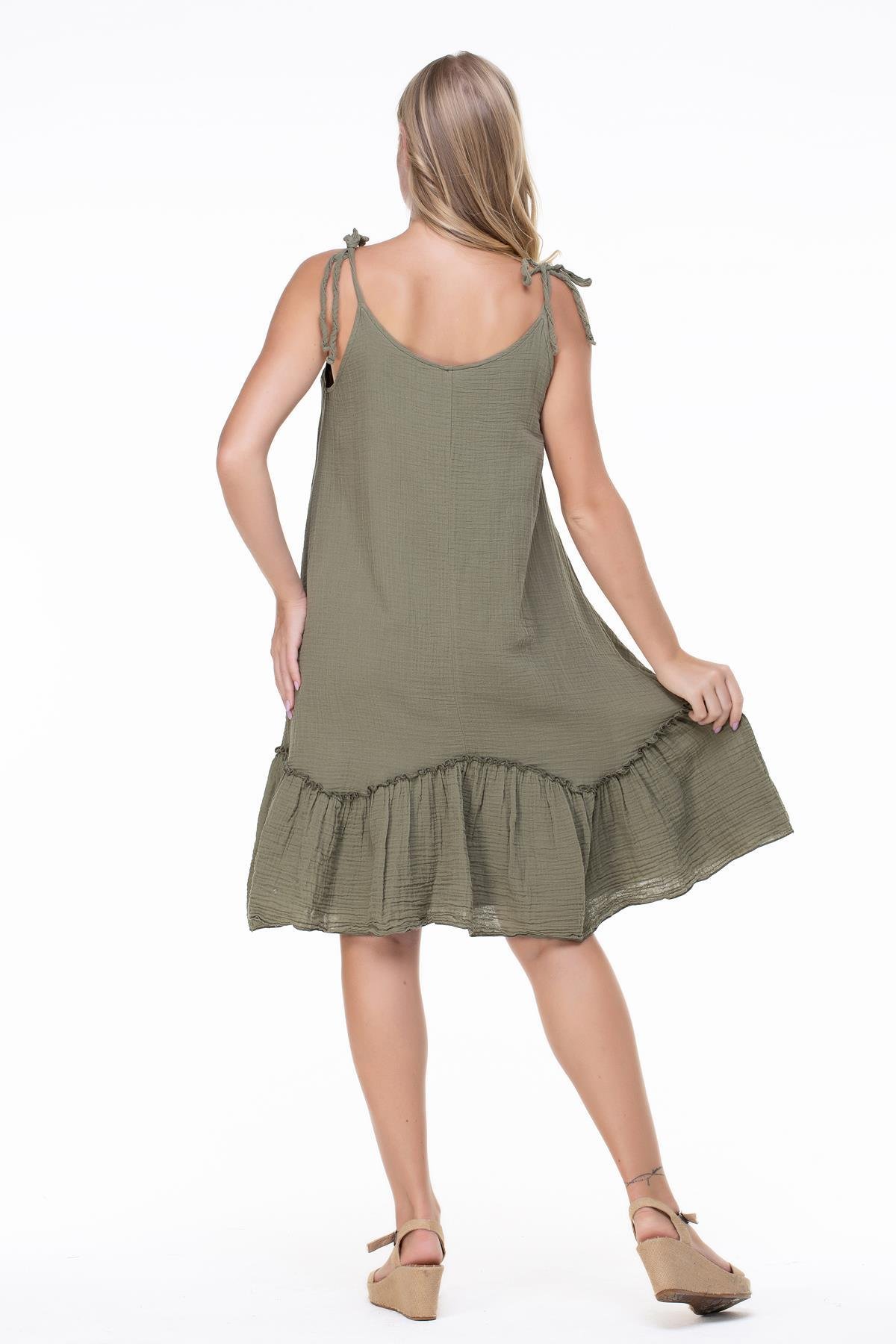 Askılı Müslin Serra Volanlı Kısa Elbise Haki Hk