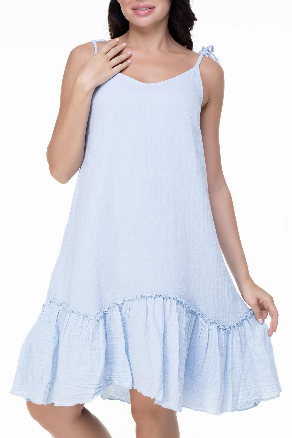 Askılı Müslin Serra Volanlı Kısa Elbise Buz Mavi Bmv