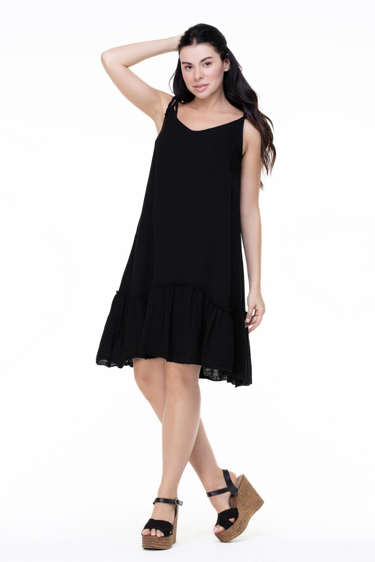 Askılı Müslin Serra Volanlı Kısa Elbise Siyah Syh