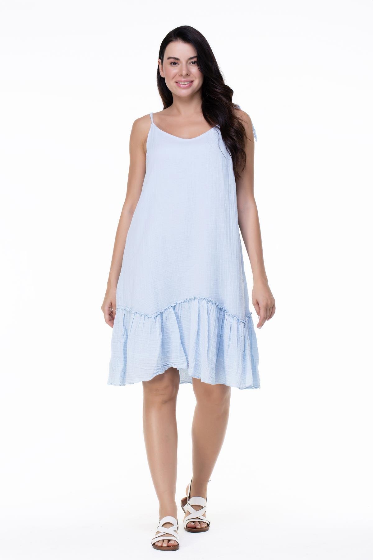 Askılı Müslin Serra Volanlı Kısa Elbise Buz Mavi Bmv