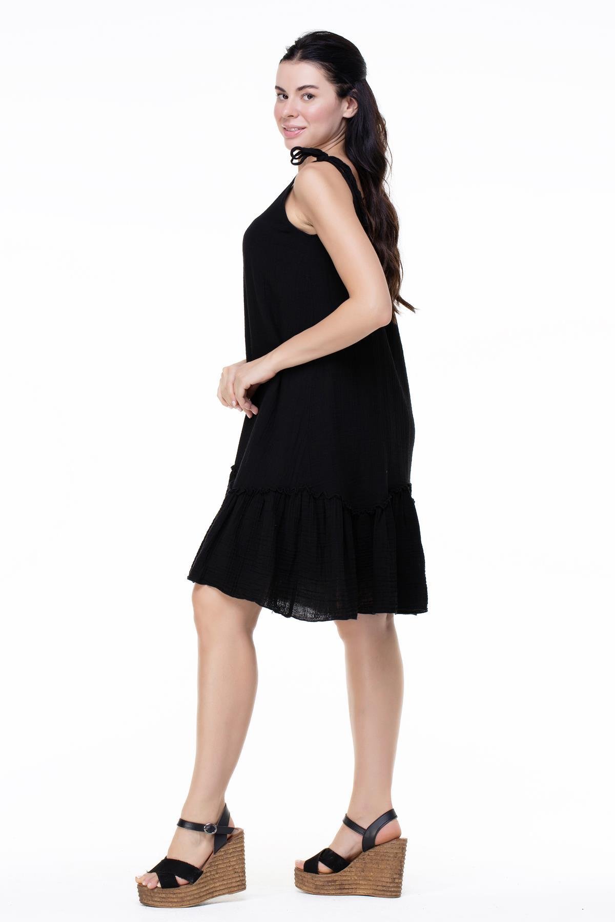 Askılı Müslin Serra Volanlı Kısa Elbise Siyah Syh