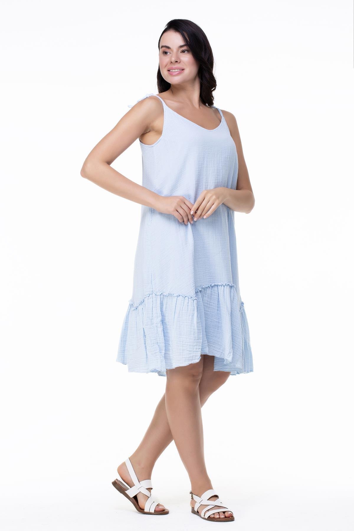 Askılı Müslin Serra Volanlı Kısa Elbise Buz Mavi Bmv