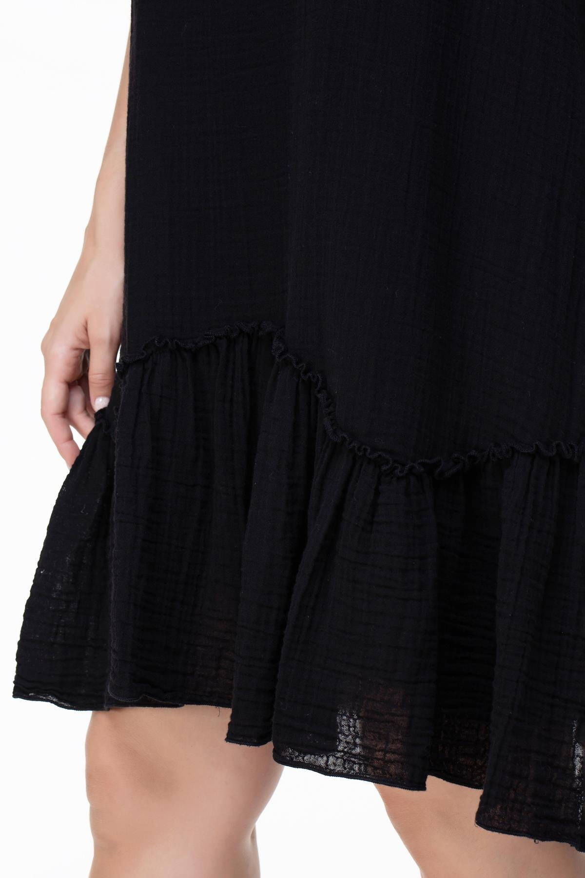 Askılı Müslin Serra Volanlı Kısa Elbise Siyah Syh