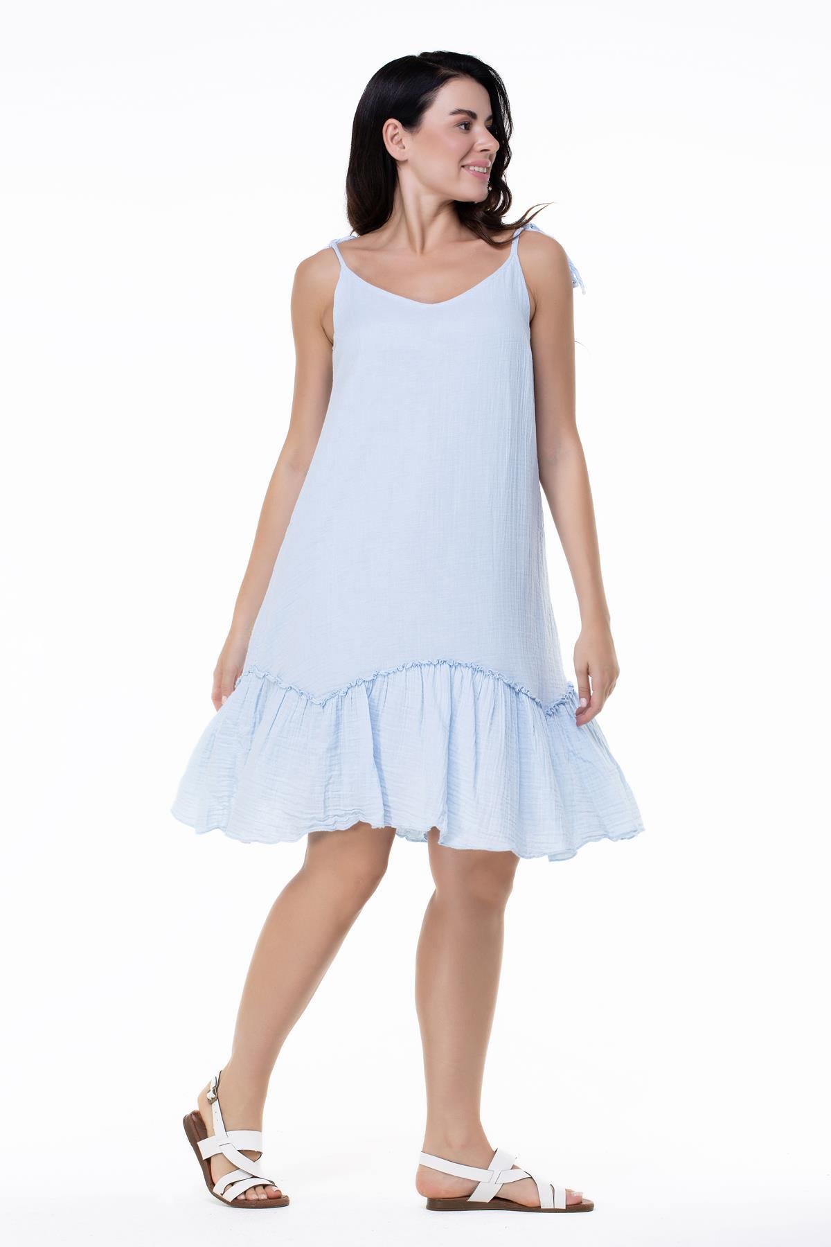 Askılı Müslin Serra Volanlı Kısa Elbise Buz Mavi Bmv