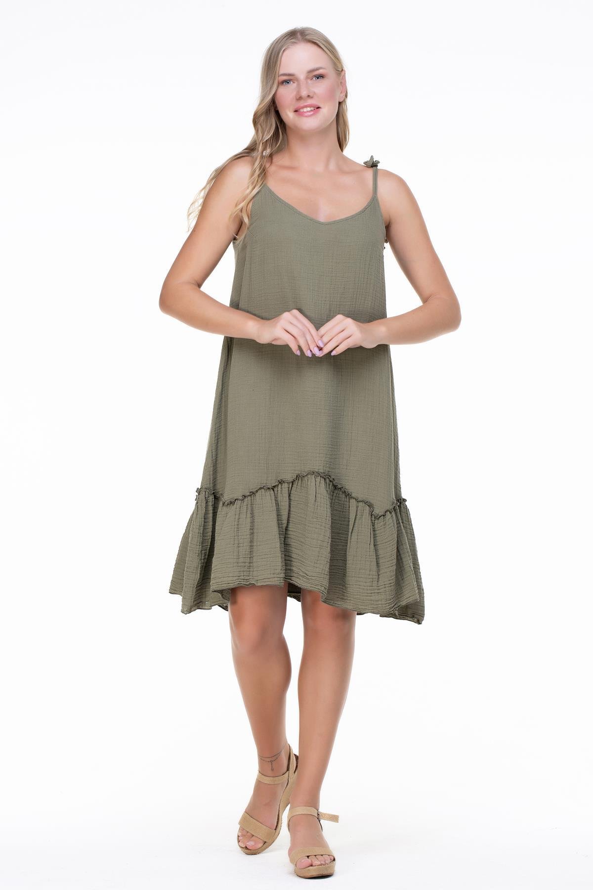 Askılı Müslin Serra Volanlı Kısa Elbise Haki Hk