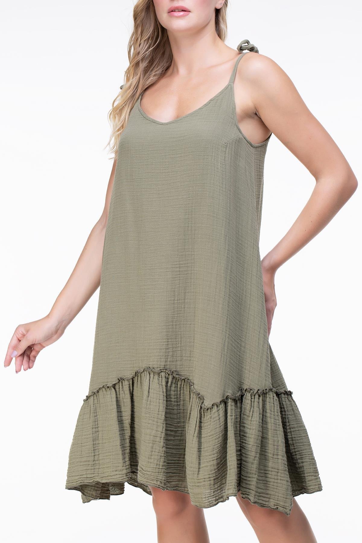 Askılı Müslin Serra Volanlı Kısa Elbise Haki Hk