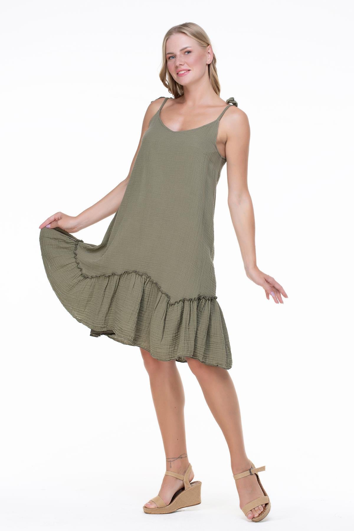 Askılı Müslin Serra Volanlı Kısa Elbise Haki Hk