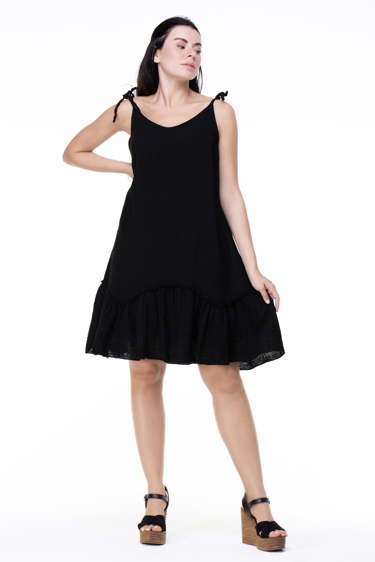 Askılı Müslin Serra Volanlı Kısa Elbise Siyah Syh