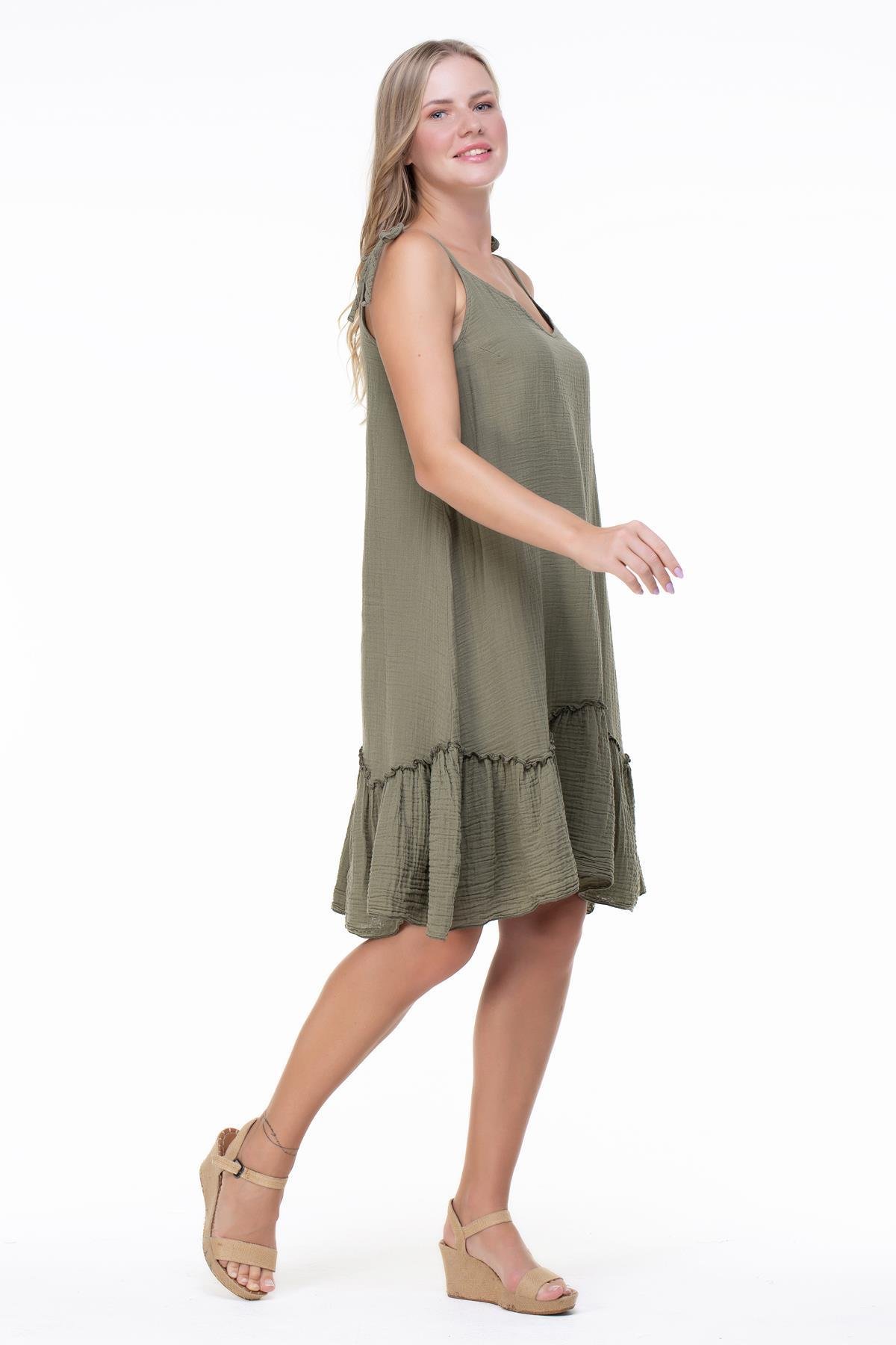 Askılı Müslin Serra Volanlı Kısa Elbise Haki Hk