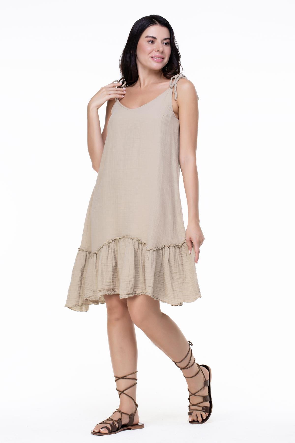 Askılı Müslin Serra Volanlı Kısa Elbise Vizon Vzn