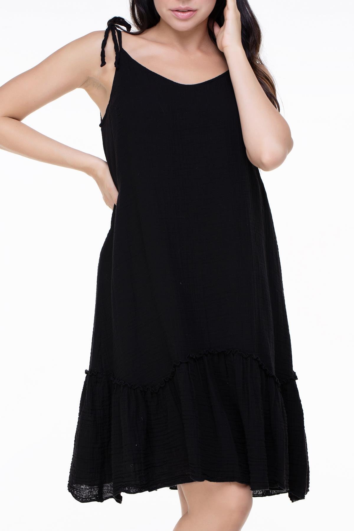 Askılı Müslin Serra Volanlı Kısa Elbise Siyah Syh