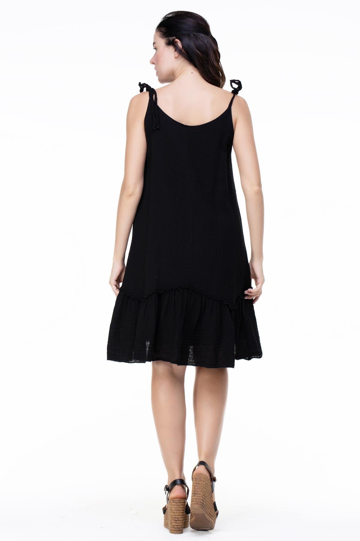 Askılı Müslin Serra Volanlı Kısa Elbise Siyah Syh