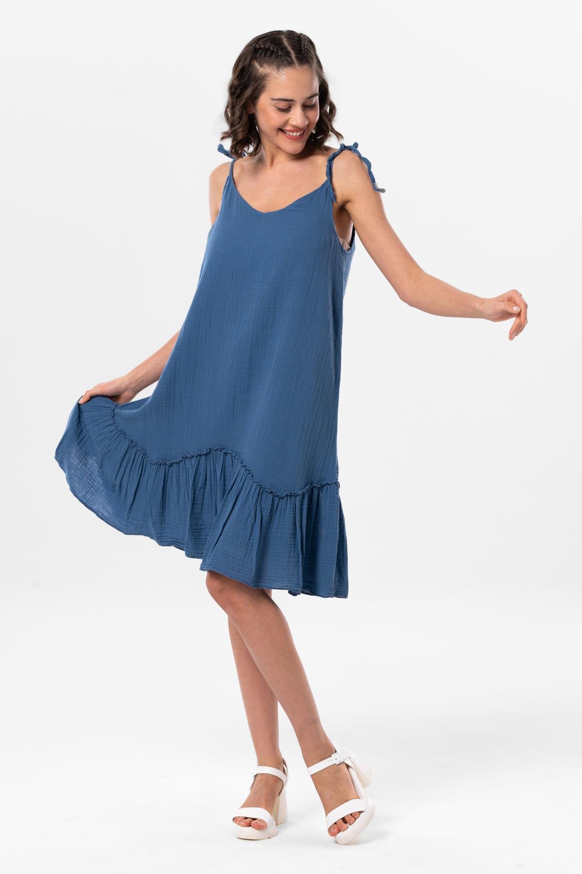 Askılı Serra Volanlı Kısa Yazlık Müslin Elbise İndigo indg