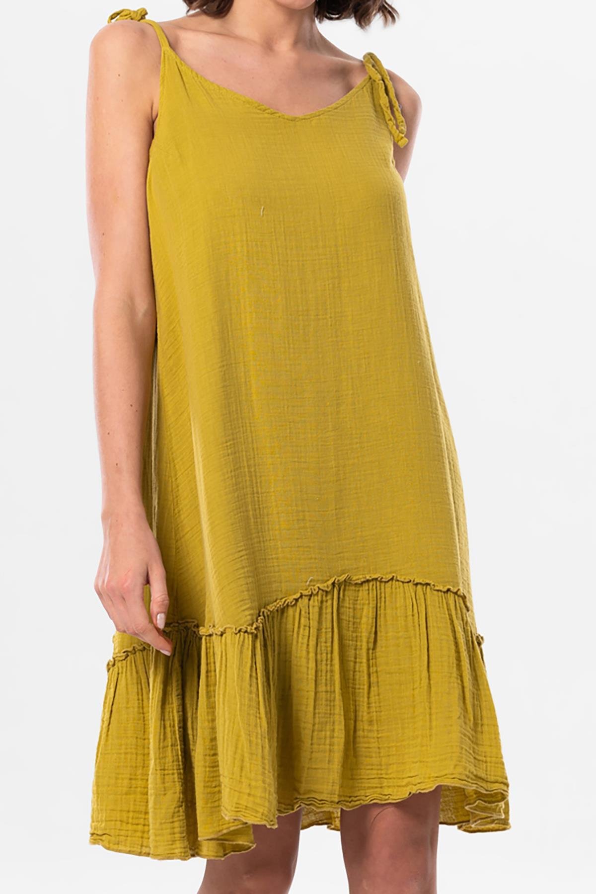 Askılı Serra Volanlı Kısa Yazlık Müslin Elbise Yağ Yeşili Ygysl