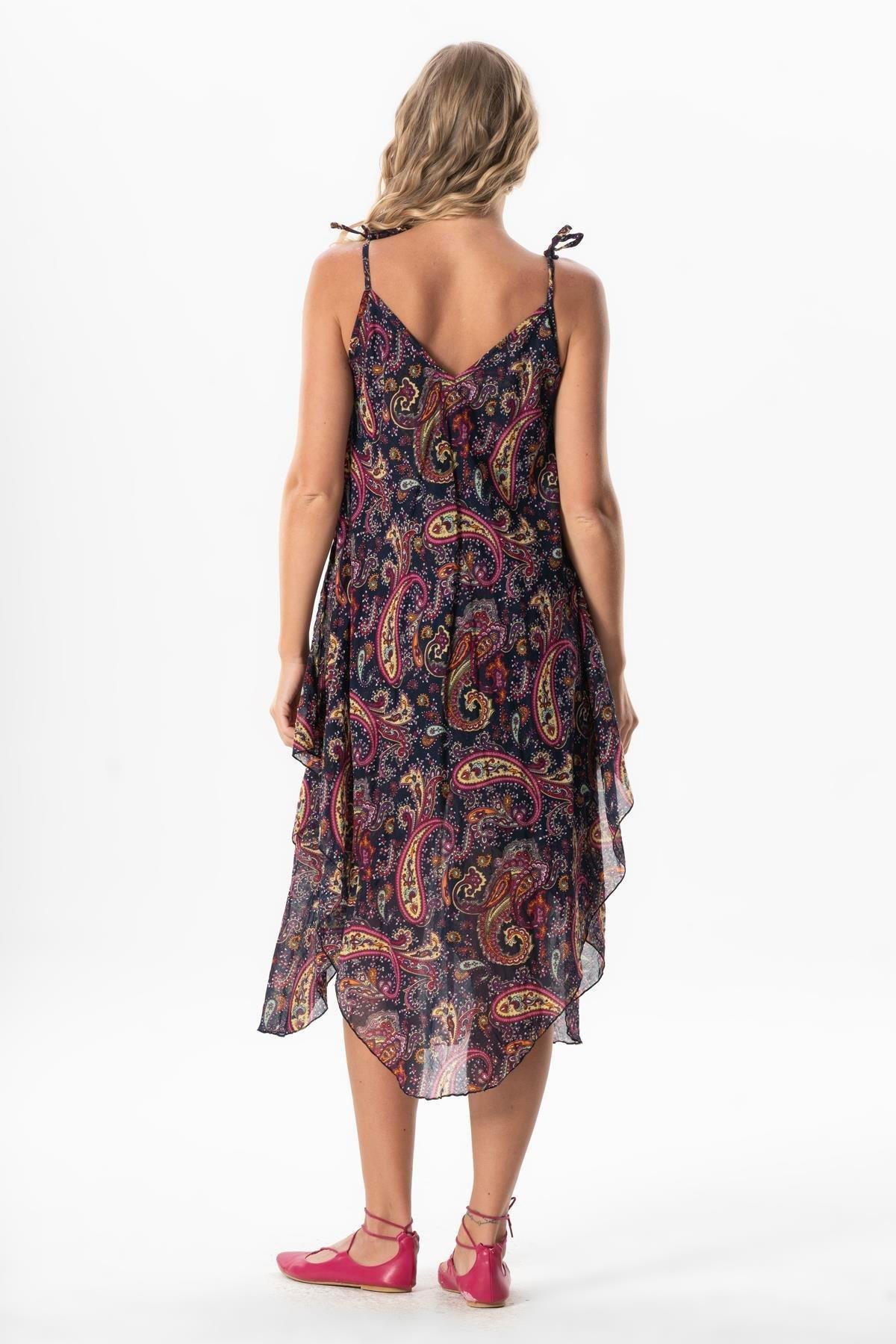 Askılı Vual Afrodit Midi Boy Yazlık Elbise Şal Lacivert 6215