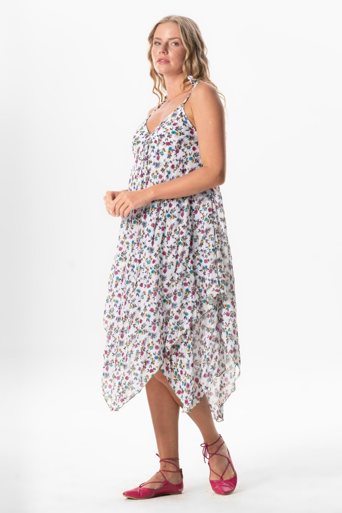 Askılı Vual Afrodit Midi Boy Yazlık Elbise Menekşe Beyaz 6242