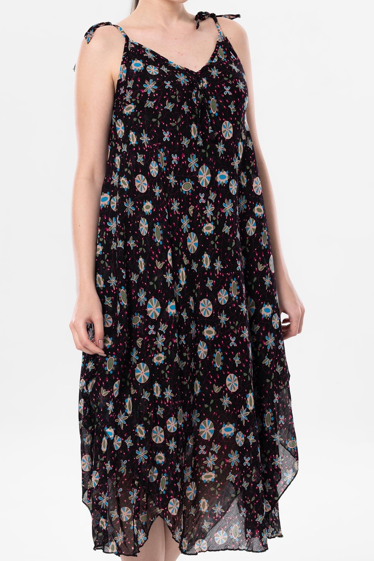 Askılı Vual Afrodit Midi Boy Yazlık Elbise Siyah 6200