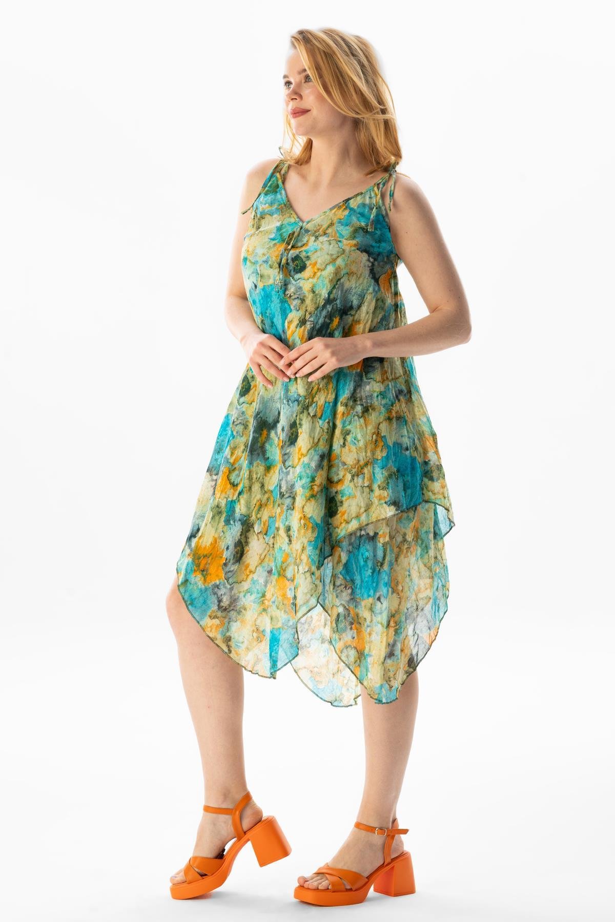 Askılı Vual Afrodit Midi Boy Yazlık Elbise Batik Turkuaz 6212