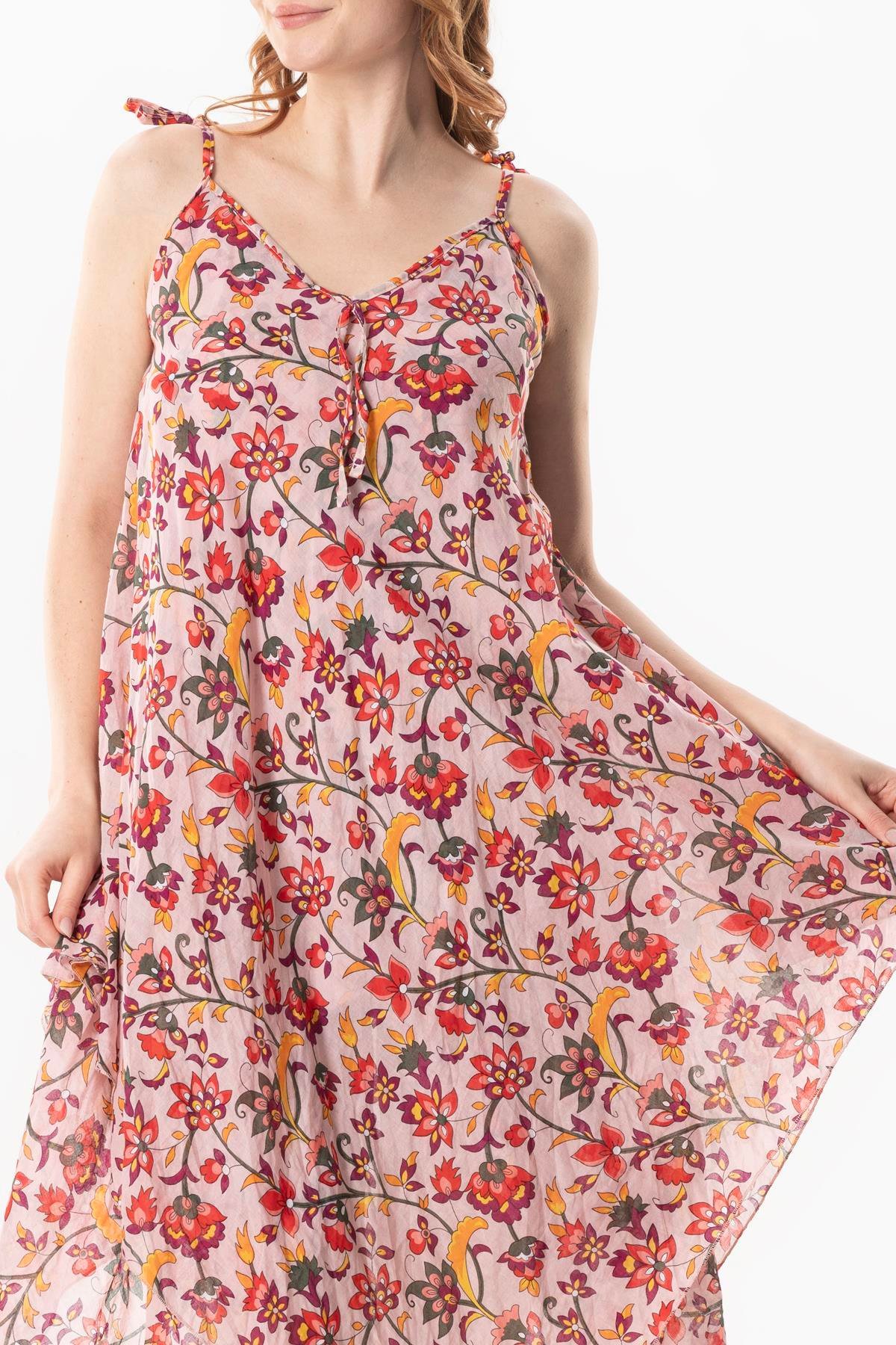 Askılı Vual Afrodit Midi Boy Yazlık Elbise Sarmaşık Pudra 6220