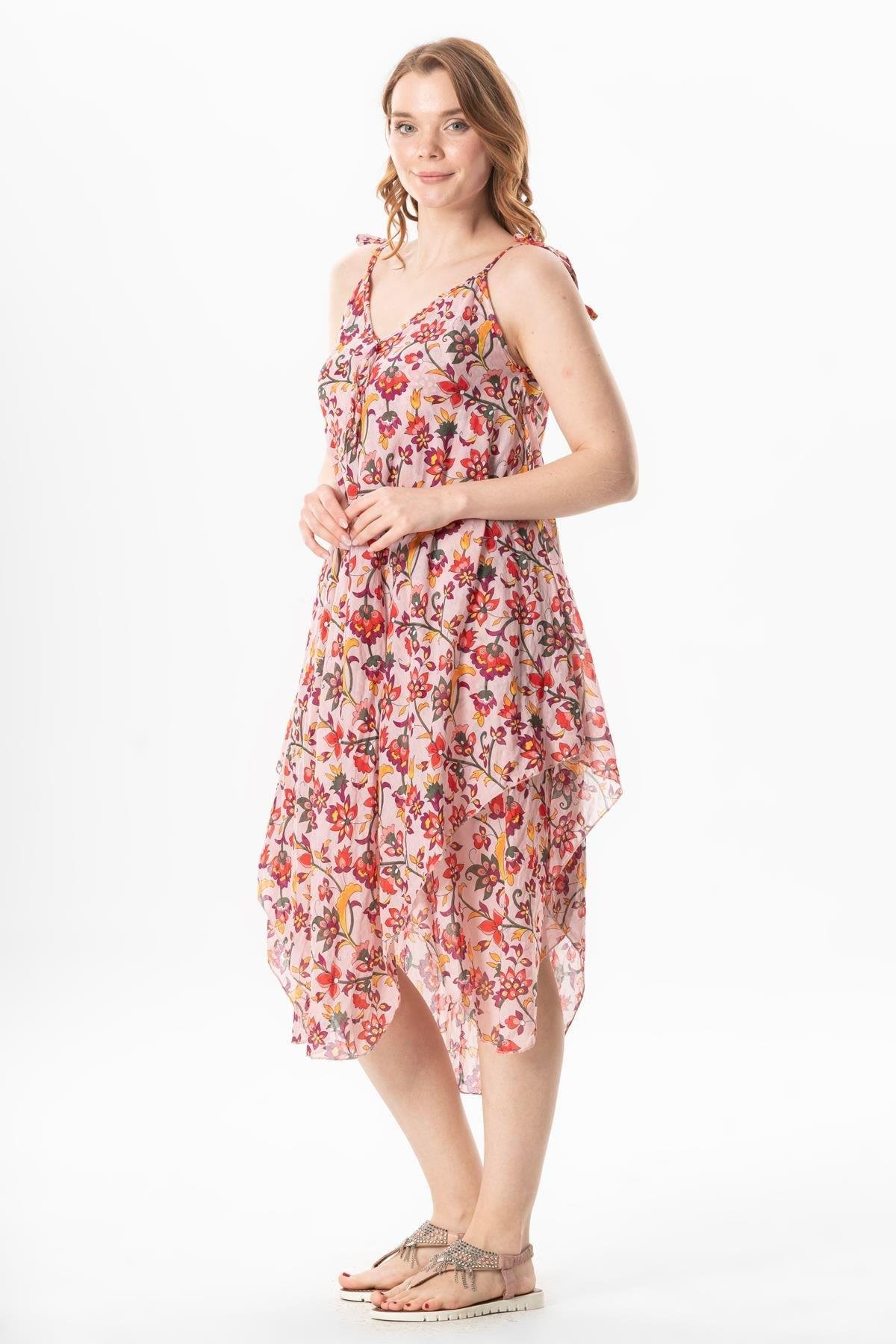 Askılı Vual Afrodit Midi Boy Yazlık Elbise Sarmaşık Pudra 6220