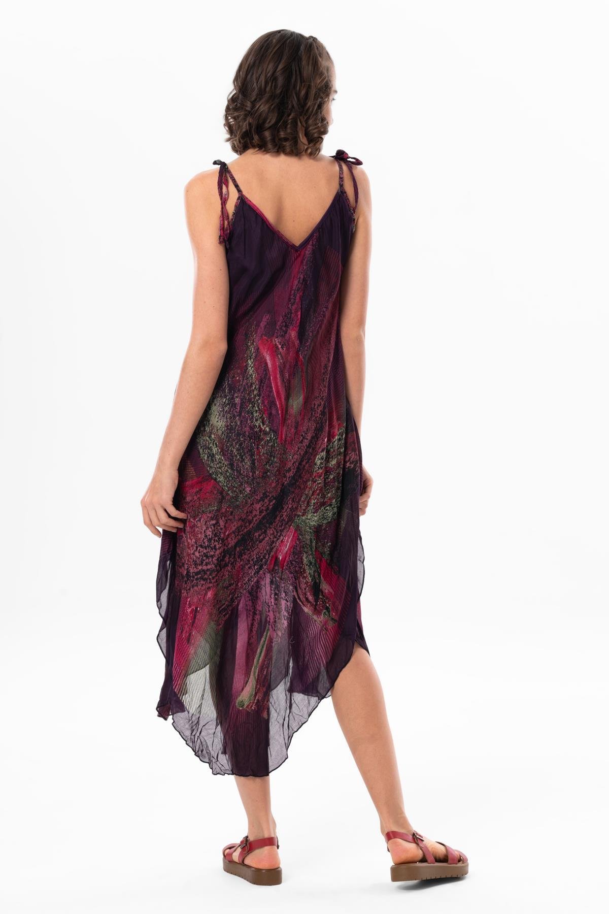 Askılı Vual Afrodit Midi Boy Yazlık Elbise Mürdüm 6210