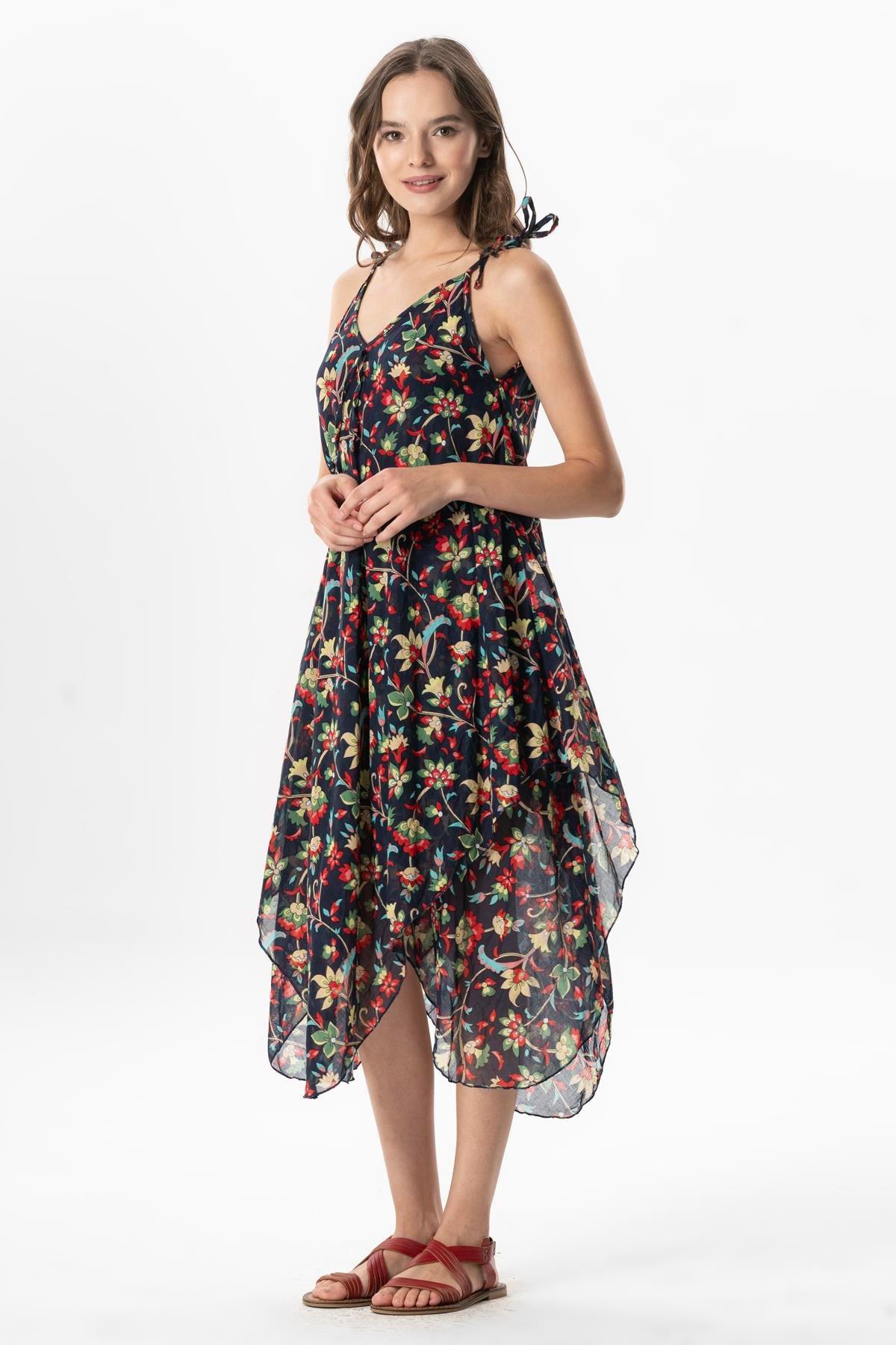 Askılı Vual Afrodit Midi Boy Yazlık Elbise Sarmaşık Lacivert 6224