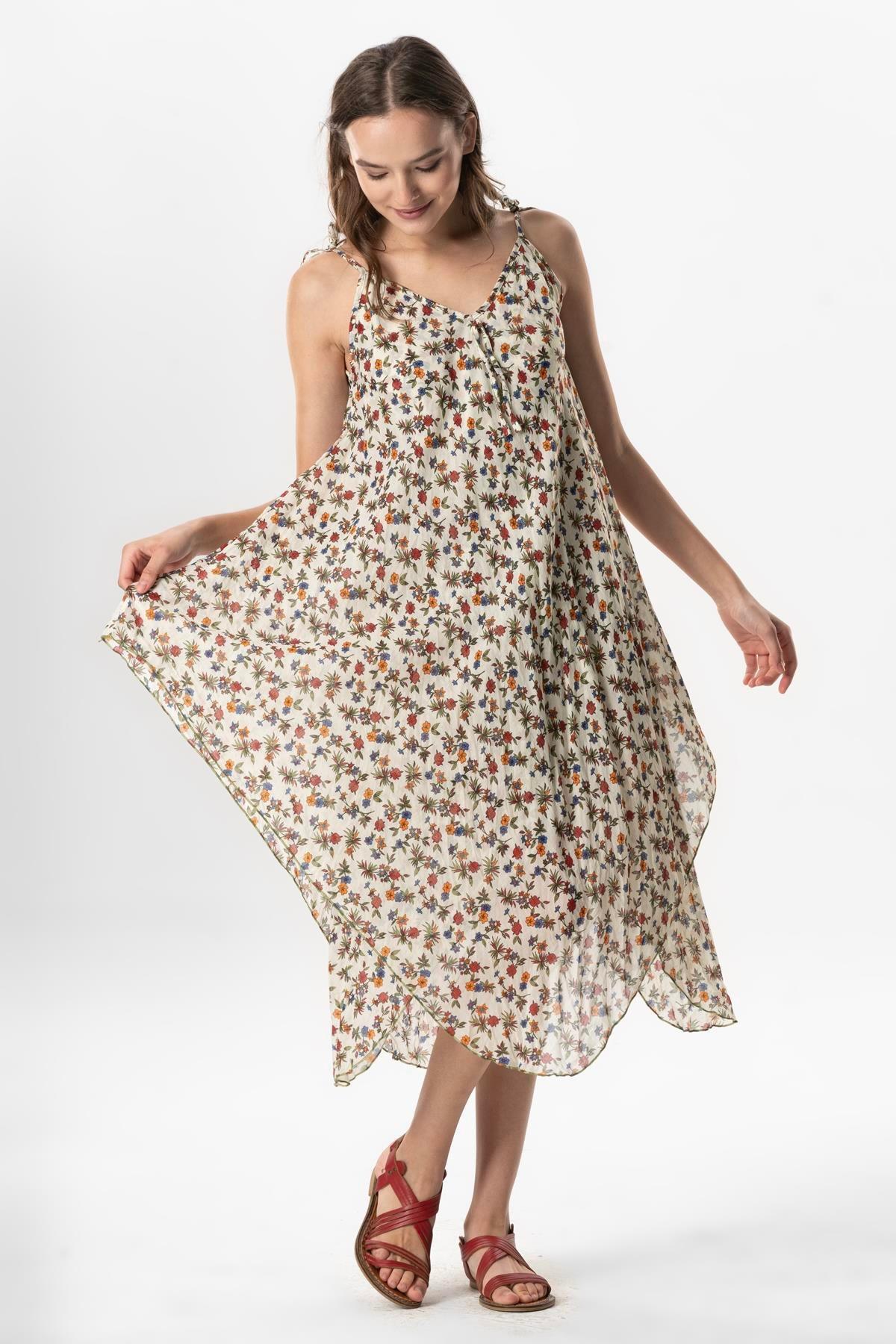 Askılı Vual Afrodit Midi Boy Yazlık Elbise Menekşe Krem 6238