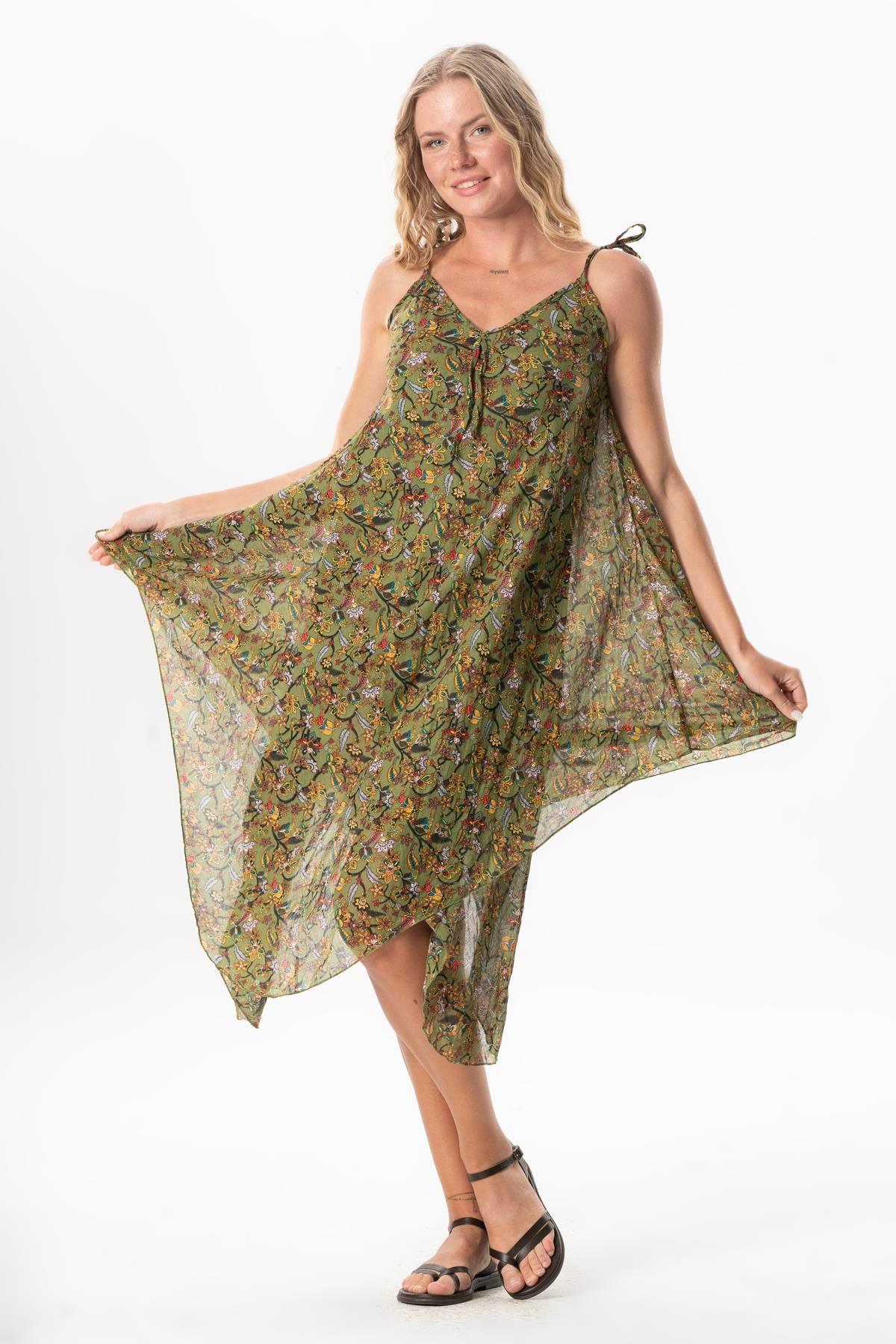 Askılı Vual Afrodit Midi Boy Yazlık Elbise Çiçek Yeşil 6241