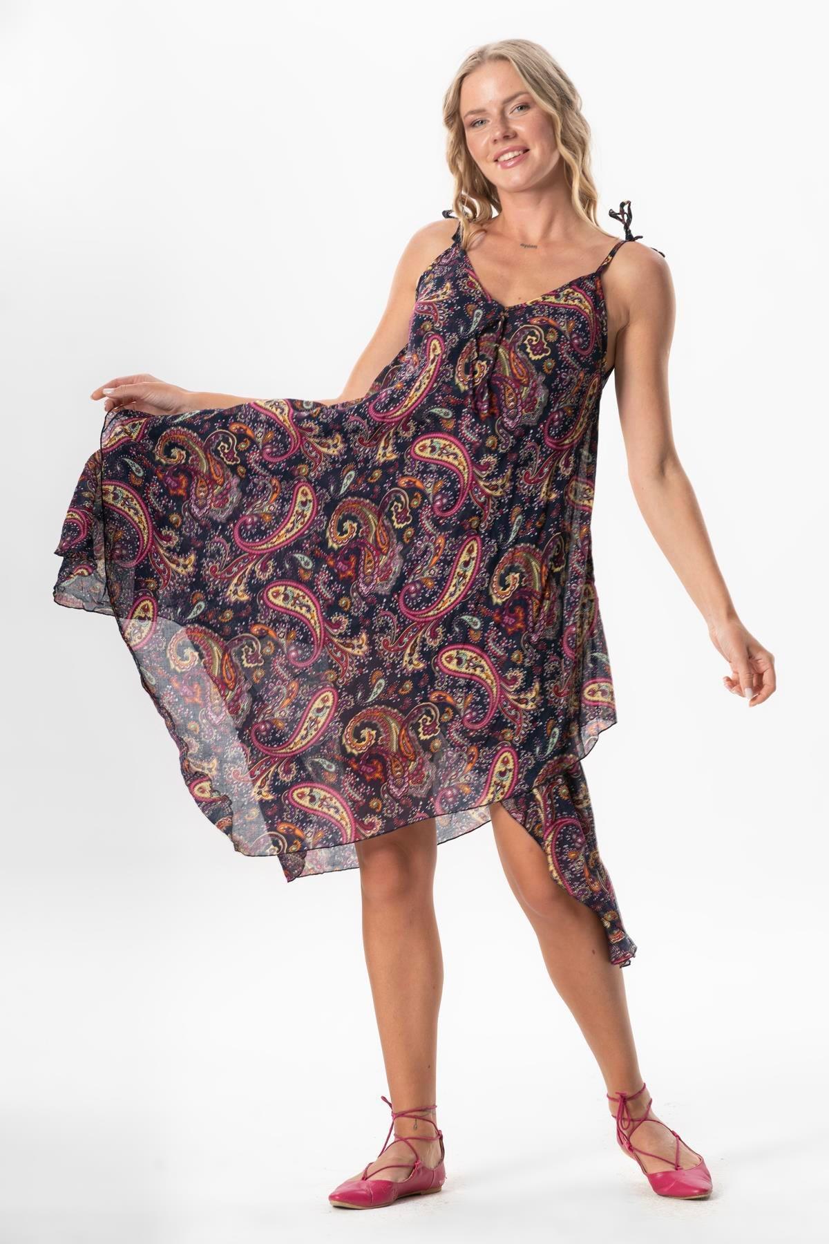 Askılı Vual Afrodit Midi Boy Yazlık Elbise Şal Lacivert 6215