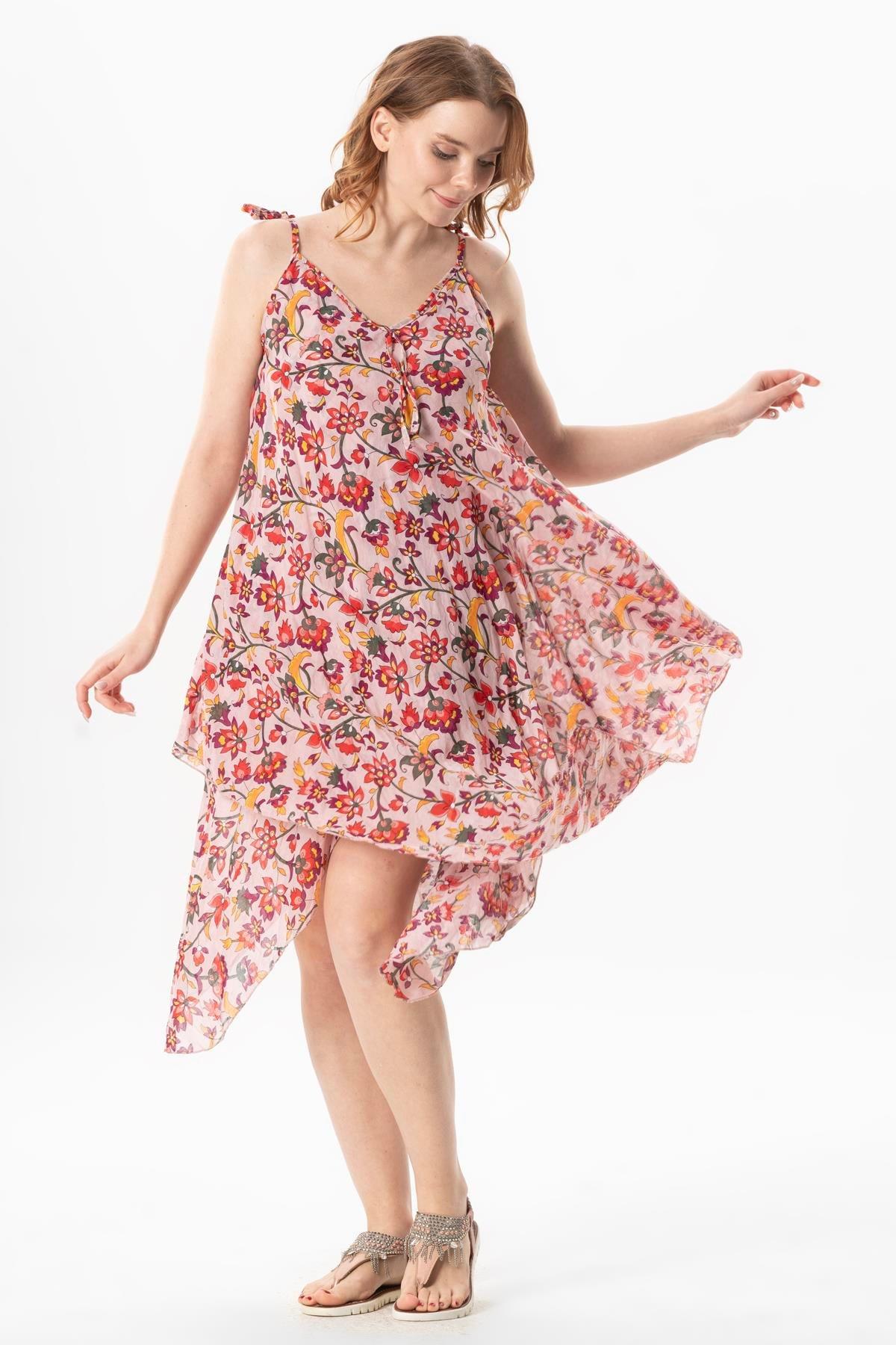 Askılı Vual Afrodit Midi Boy Yazlık Elbise Sarmaşık Pudra 6220