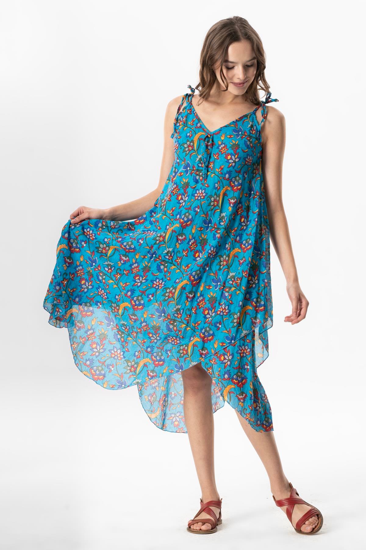 Askılı Vual Afrodit Midi Boy Yazlık Elbise Sarmaşık Turkuaz 6221