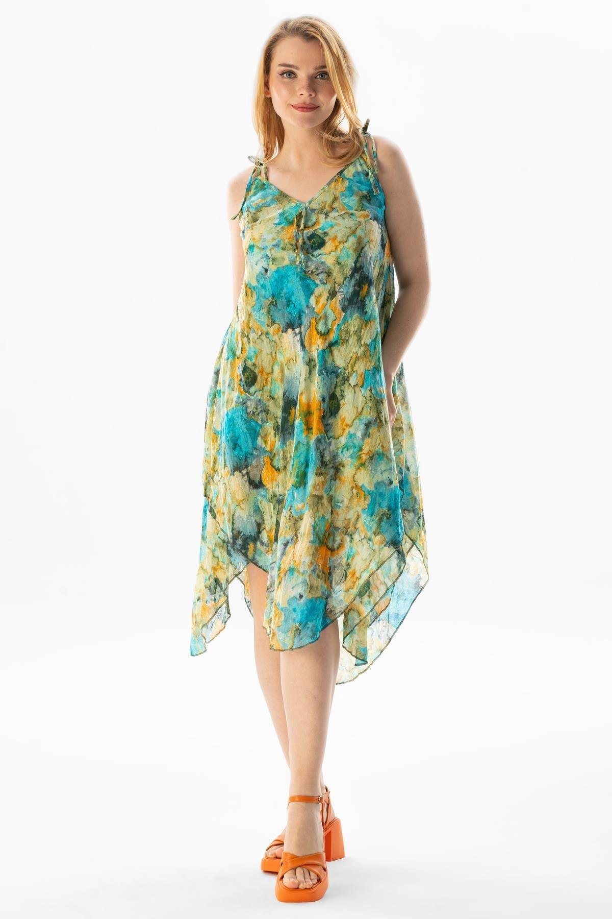 Askılı Vual Afrodit Midi Boy Yazlık Elbise Batik Turkuaz 6212