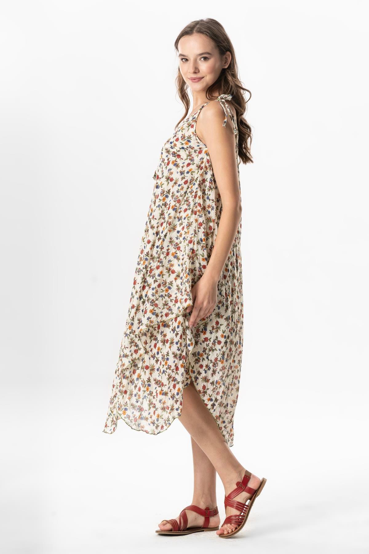 Askılı Vual Afrodit Midi Boy Yazlık Elbise Menekşe Krem 6238