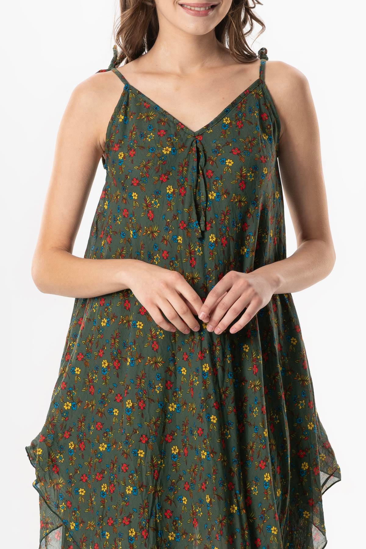 Askılı Vual Afrodit Midi Boy Yazlık Elbise Menekşe Yeşil 6239