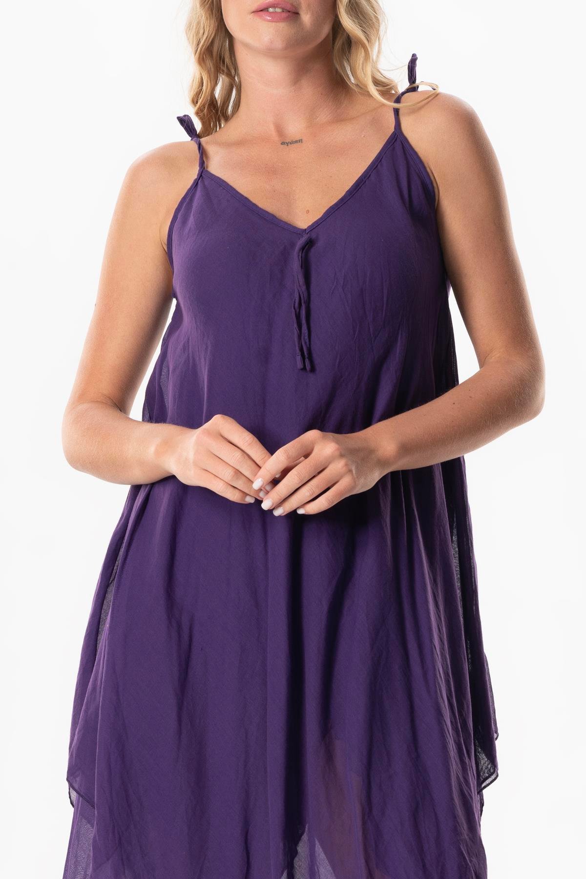 Askılı Vual Afrodit Midi Boy Yazlık Elbise Mor Mor