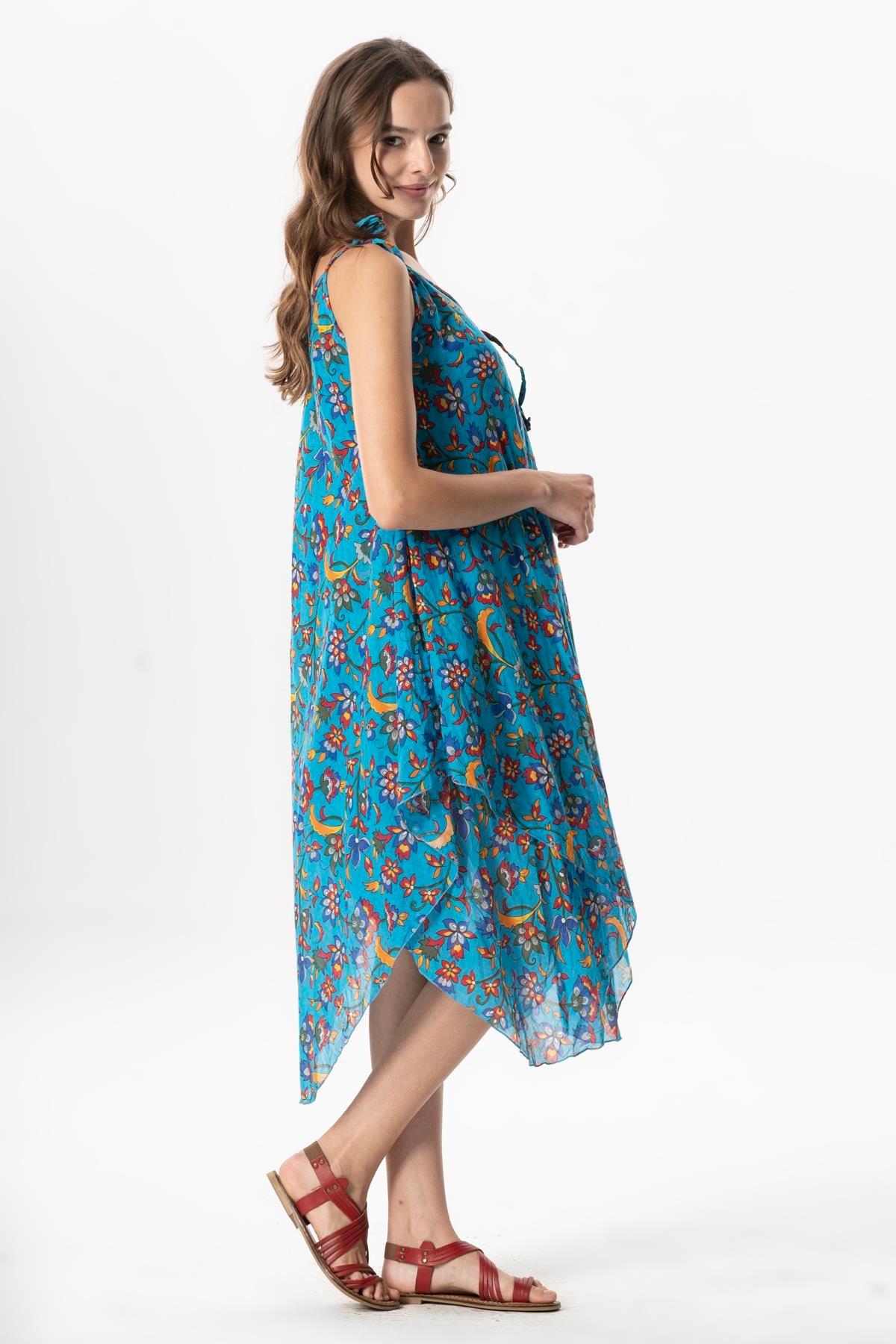 Askılı Vual Afrodit Midi Boy Yazlık Elbise Sarmaşık Turkuaz 6221
