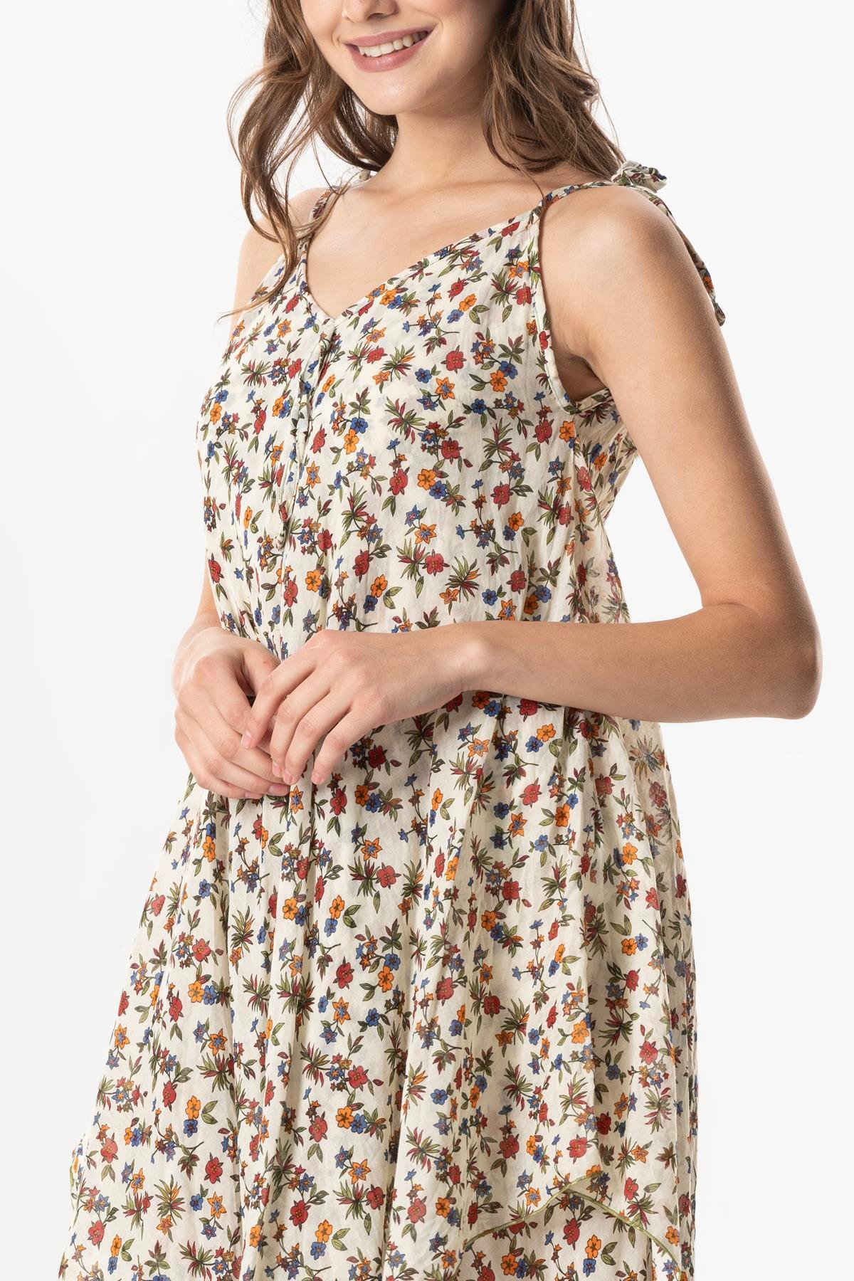 Askılı Vual Afrodit Midi Boy Yazlık Elbise Menekşe Krem 6238