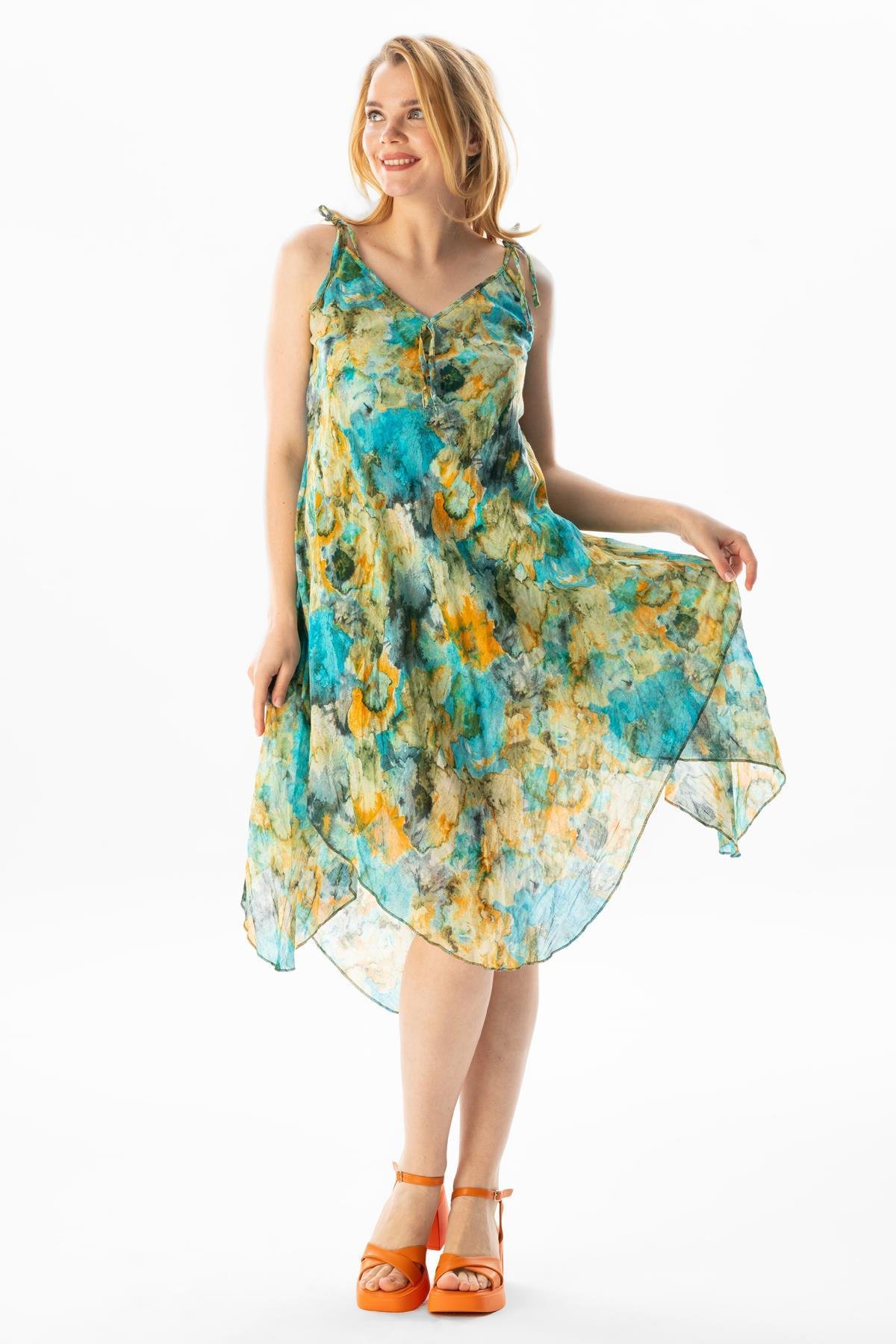 Askılı Vual Afrodit Midi Boy Yazlık Elbise Batik Turkuaz 6212