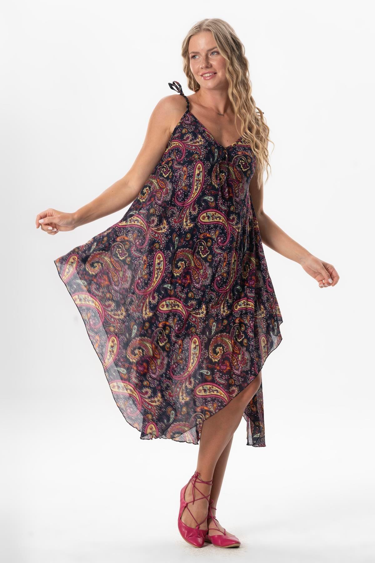 Askılı Vual Afrodit Midi Boy Yazlık Elbise Şal Lacivert 6215