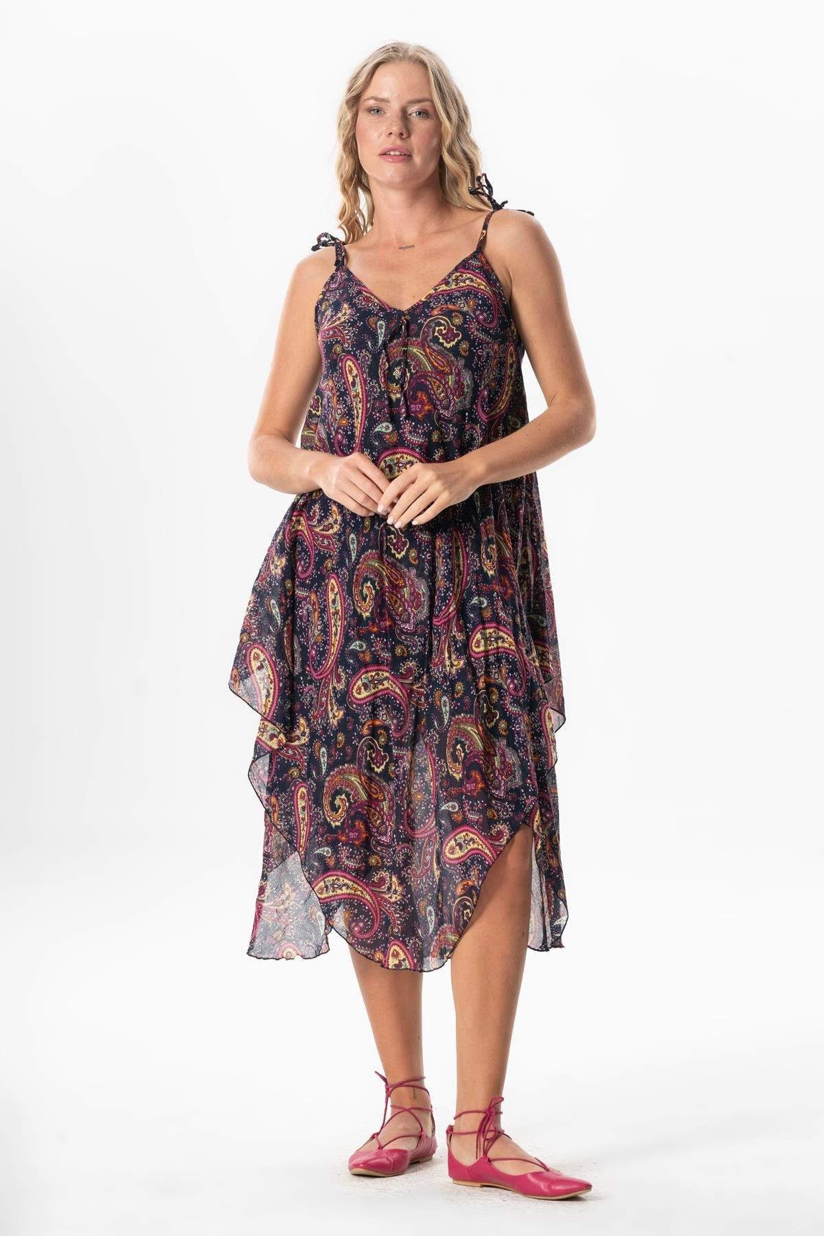 Askılı Vual Afrodit Midi Boy Yazlık Elbise Şal Lacivert 6215